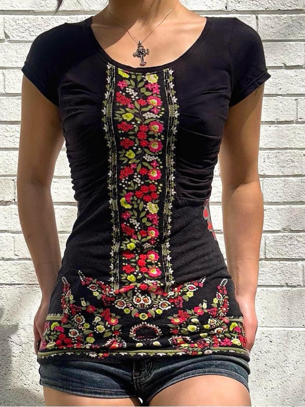 Vintage Free People Y2K Ruched Floral Fitted Tee Top - Picture 1 of 7